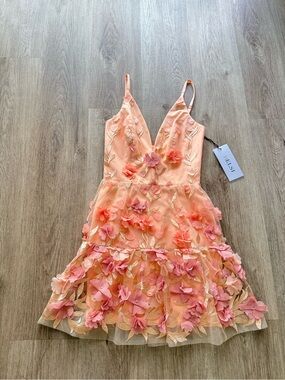 helsi riley coral pink 3d floral applique deep v-neck fit & flare mini dress XS